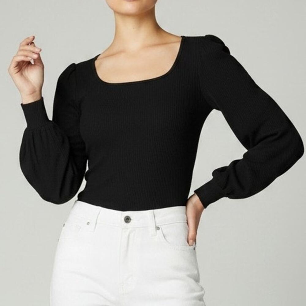 The Drop Lucy Black Square Neck Puff Sleeve Ribbed Top Women's Size XS NWT